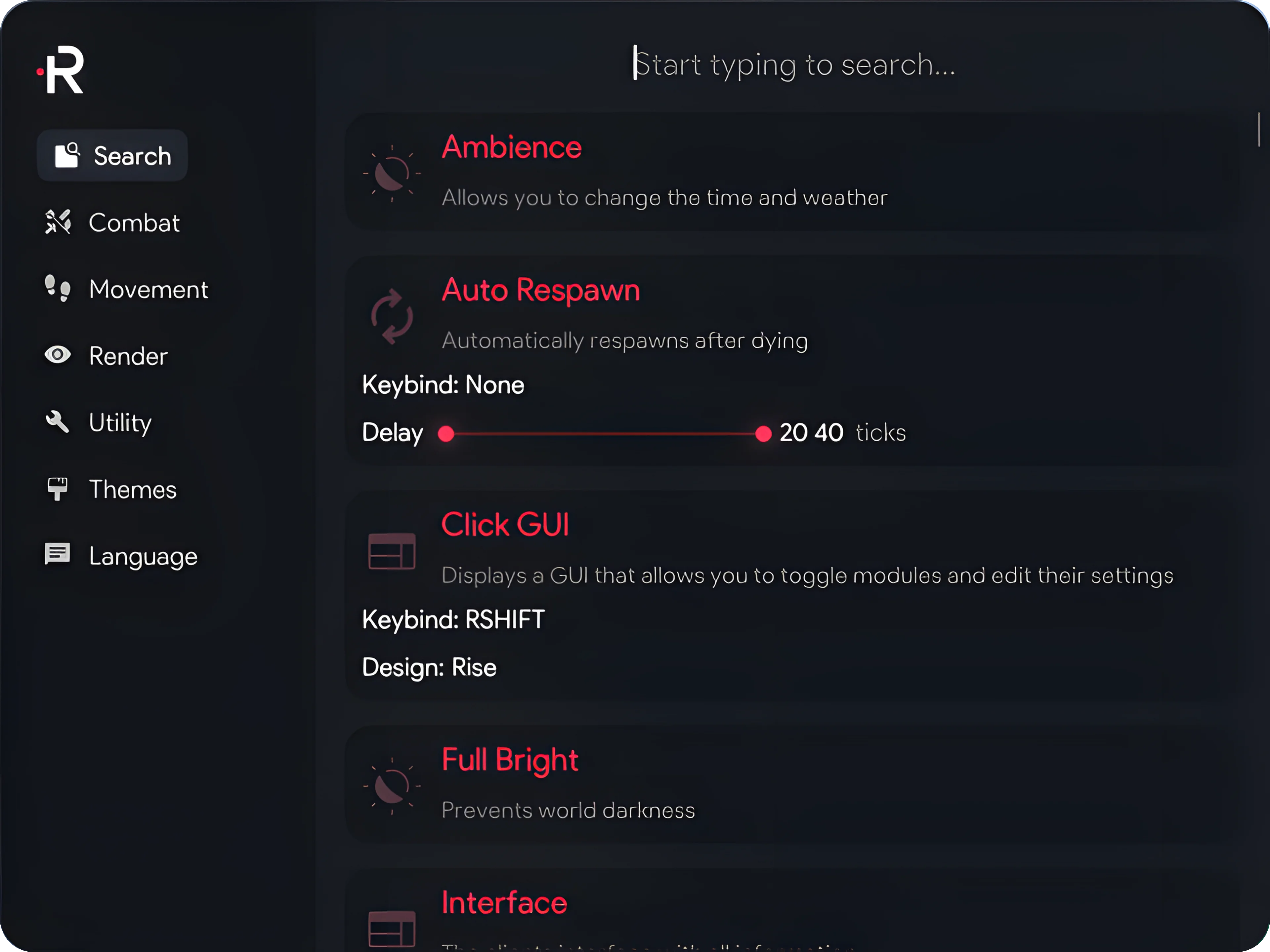 The Rise ClickGUI: search, module categories and keybinds in the dark Rise theme