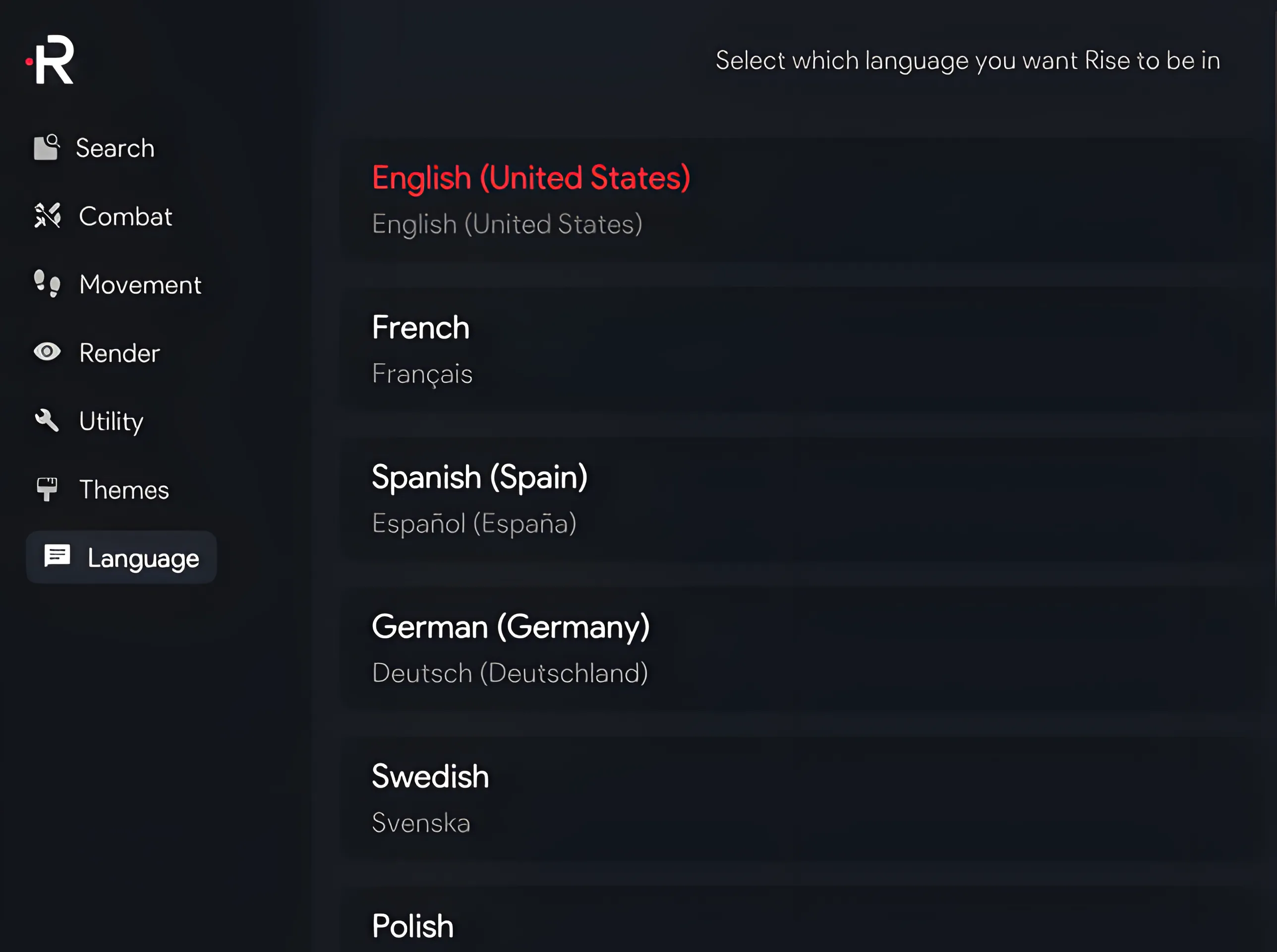 Rise ClickGUI language list: English, French, Spanish, German, Swedish, Polish