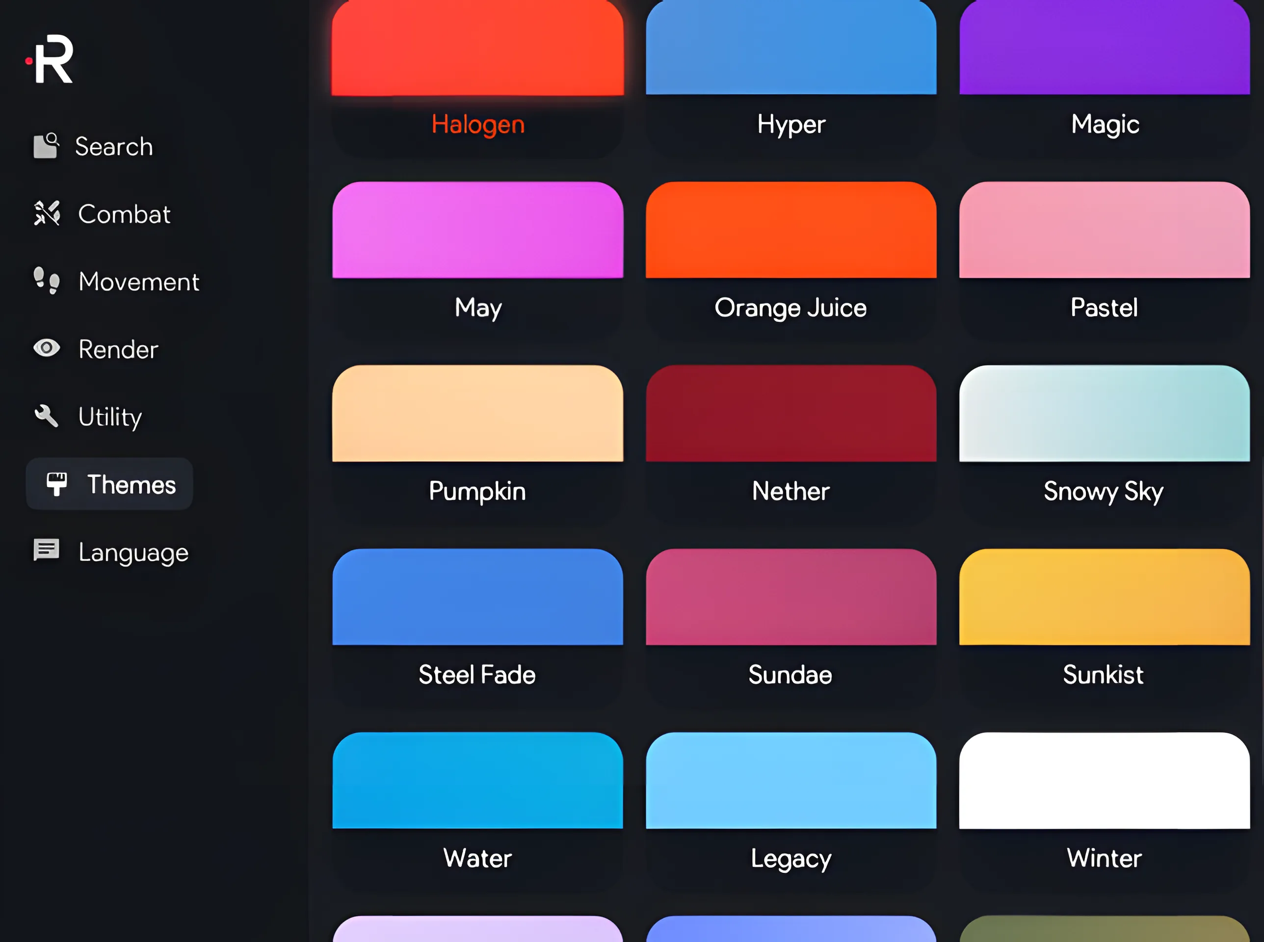 Rise ClickGUI theme gallery: Halogen, Hyper, Magic, Pastel, Nether and more