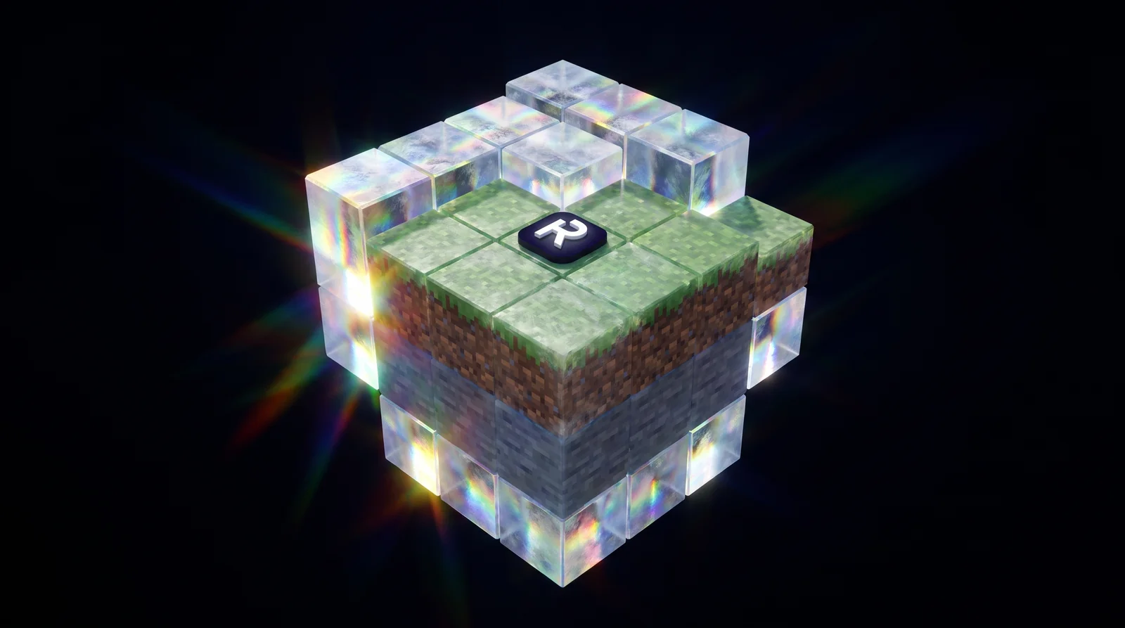A Minecraft grass block rendered in prism glass with the Rise R badge on top