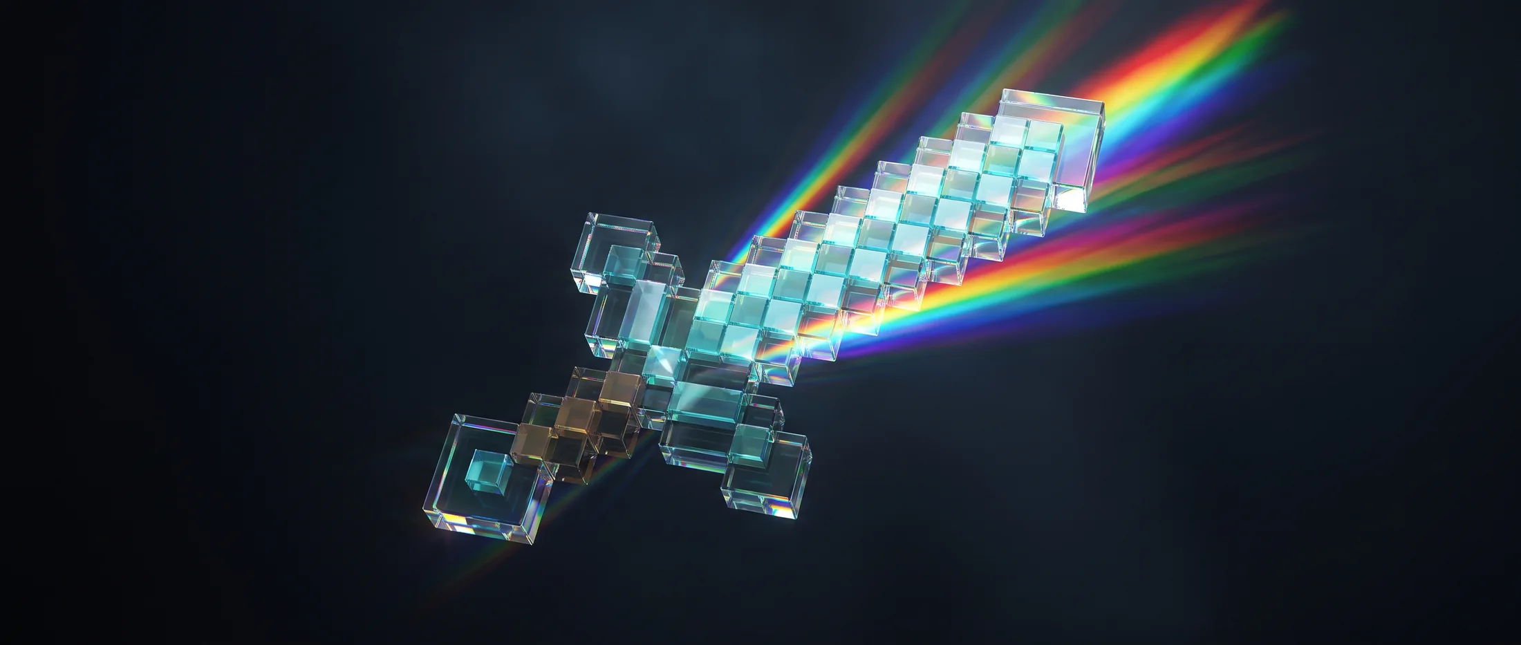 A Minecraft diamond sword rendered in prism glass, refracting a rainbow trail