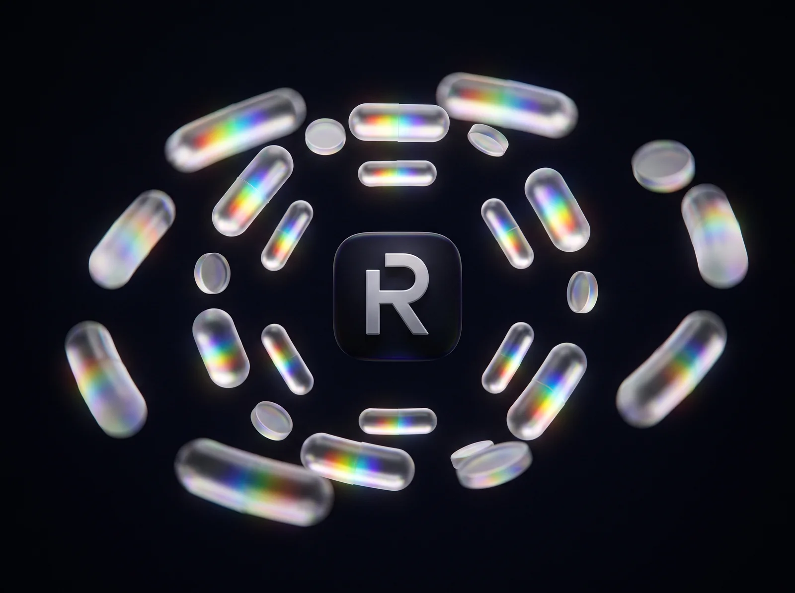 Rise modules orbiting the R badge as glass capsules